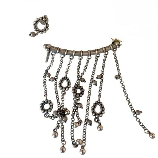 Vintage Style Ear Cuff with Dangling Chains and Beads, Antique Silver Finish, Traditional Design