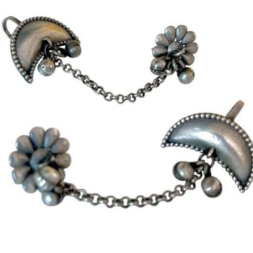 Vintage Style Flower and Half Moon Chain Connector, Antique Silver Finish, Metal Double-Sided Hair Accessory