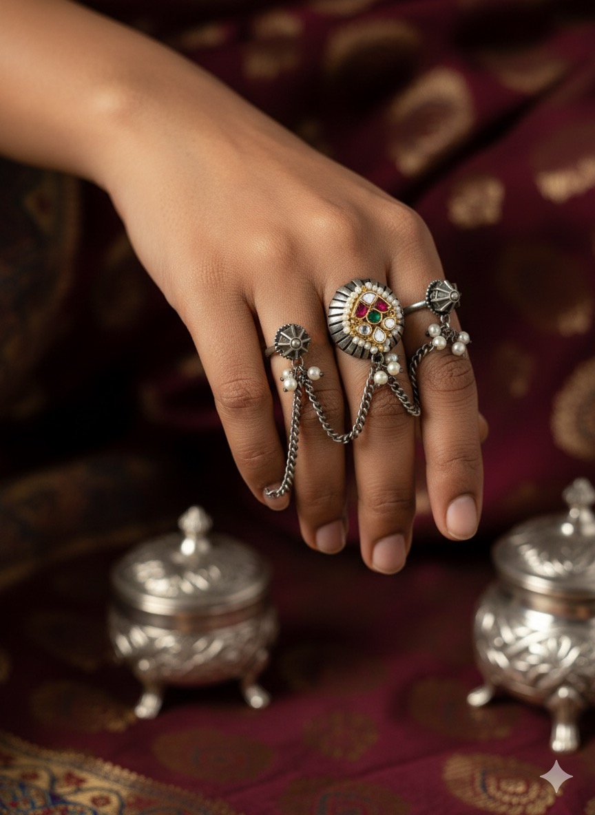 Vintage Style Pearl Finger Ring with Chains, Silver Tone Metal, Multicolour Gemstone Accents