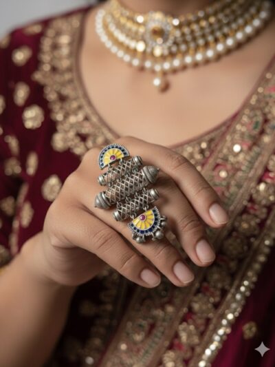 Vintage Silver Fish Pendant, Traditional Design with Yellow Sun Motif, Metal finger ring