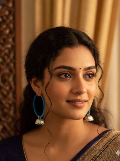 SAKHI collection Blue With Handmade Silk Thread Ring Hanging Earing Big