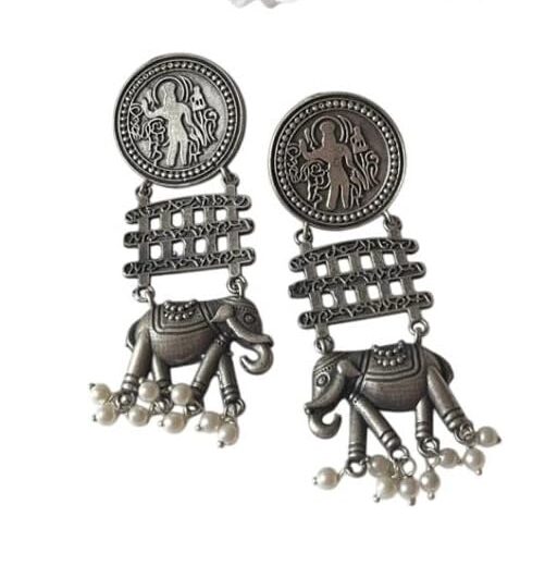 Vintage Style Oxidised Silver Elephant Dangle Earrings with Pearl Beads, Tribal Design