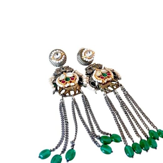 Vintage Style Chandelier Earrings, Green Beaded Tassels, Antique Silver Chain, Red and Green Stone Accents