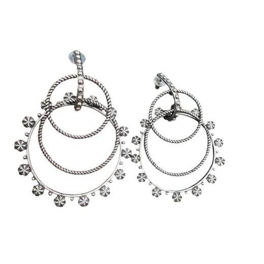 Oxidized Silver Triple Hoop Earrings, Floral Design, Traditional Tribal Style