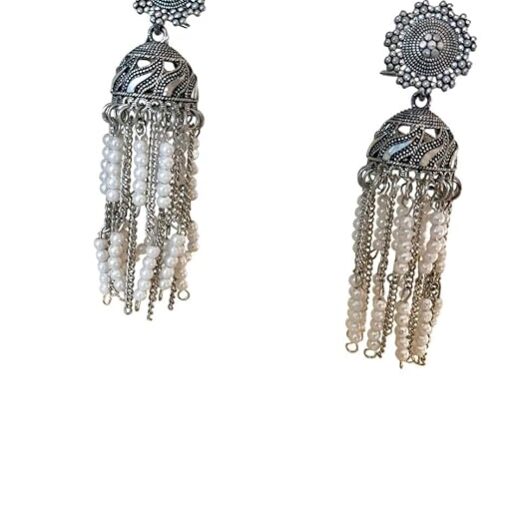 Vintage Style Pearl Tassel Jhumka Earrings, Oxidised Silver Tone, Floral Stud Design