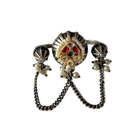 Vintage Style Pearl Finger Ring with Chains, Silver Tone Metal, Multicolour Gemstone Accents