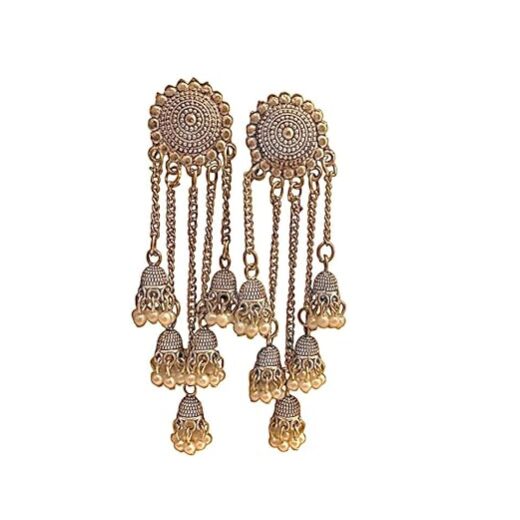 Traditional Indian Earrings with Cascading Chains and Pearl Beads, Antique Silver and Gold Finish