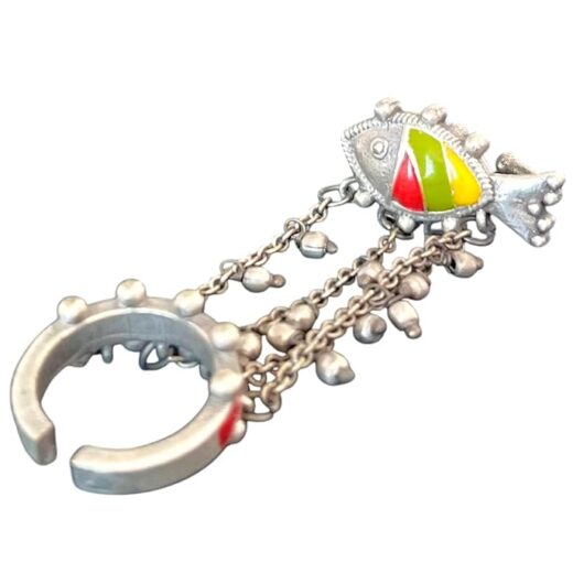 Vintage Style Silver Ring with Colourful Enamel Fish Charm and Chain Dangles