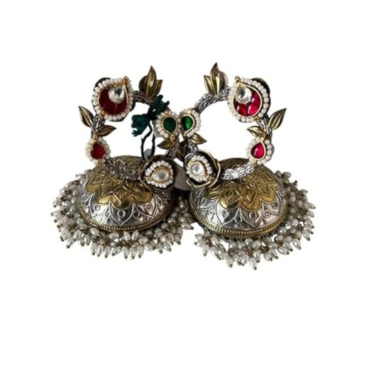 Traditional Indian Jhumka Earrings, Two-Tone Silver-Gold, Pearl Cluster, Red and Green Stones