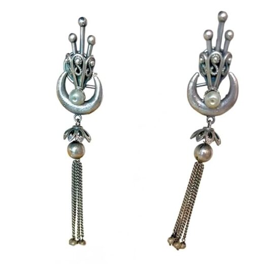 Vintage Style Pearl Drop Earrings, Silver Crescent Moon Design with Tassel Chain, Dangle Statement Jewellery
