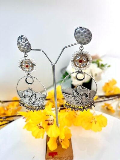 Vintage Silver Deer Dangle Earrings, Tribal Design with Pearl Accents, Antique Finish