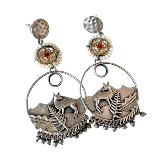 Vintage Silver Deer Dangle Earrings, Tribal Design with Pearl Accents, Antique Finish