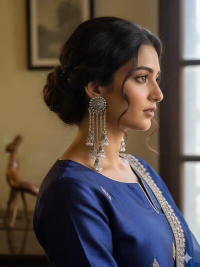 Vintage Oxidised Silver Jhumka Earrings with Pearl Beads, Multi-Chain Dangling Design, Traditional Indian Style