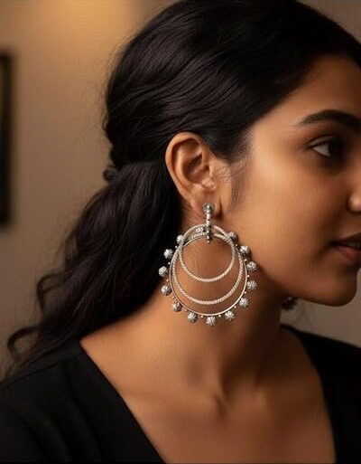 Oxidized Silver Triple Hoop Earrings, Floral Design, Traditional Tribal Style