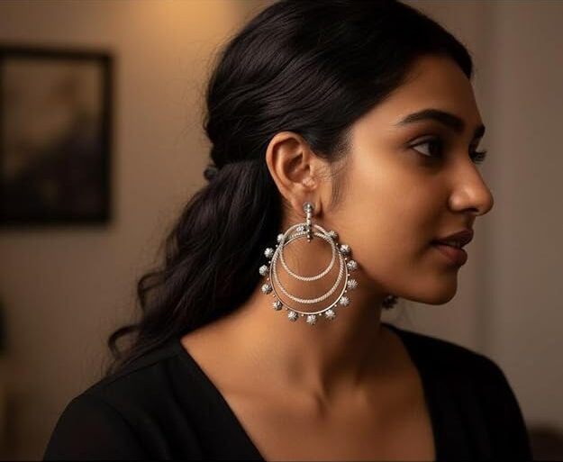 Oxidized Silver Triple Hoop Earrings, Floral Design, Traditional Tribal Style