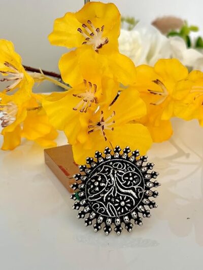 Traditional Antique Boho Vintage Oxidised Silver Statement Adjustable Ring for Girls Women