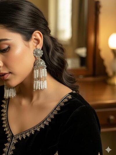 Vintage Style Pearl Tassel Jhumka Earrings, Oxidised Silver Tone, Floral Stud Design