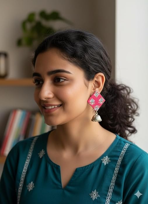 Pink Floral Square Earrings with white Tear Drop Crystal Beads - Fashion Earrings for Women