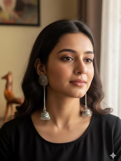 Silver Plated Trible Tassel Jhumki & Stud Mirror Style Earring For Woman & Girls