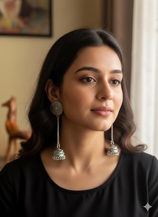 Silver Plated Trible Tassel Jhumki & Stud Mirror Style Earring For Woman & Girls