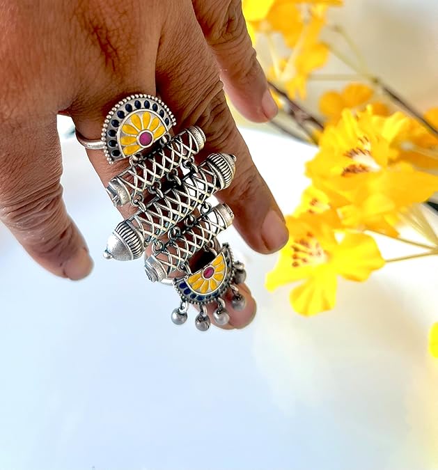 Vintage Silver Fish Pendant, Traditional Design with Yellow Sun Motif, Metal finger ring - Image 2