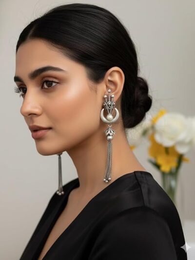 Vintage Style Pearl Drop Earrings, Silver Crescent Moon Design with Tassel Chain, Dangle Statement Jewellery