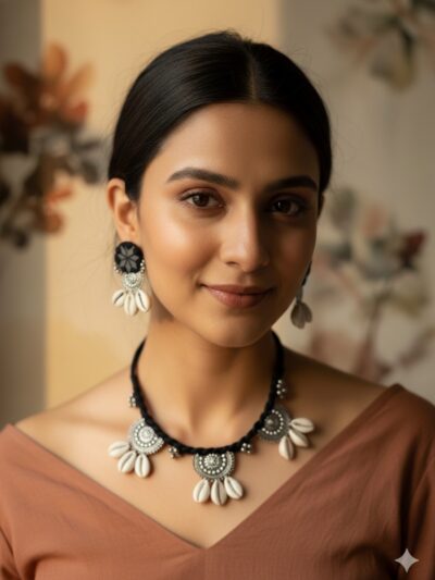 Boho Shell Necklace Set with Earrings, Black Thread, Oxidized Metal, Cowrie Shell Charms, Tribal Ethnic Style