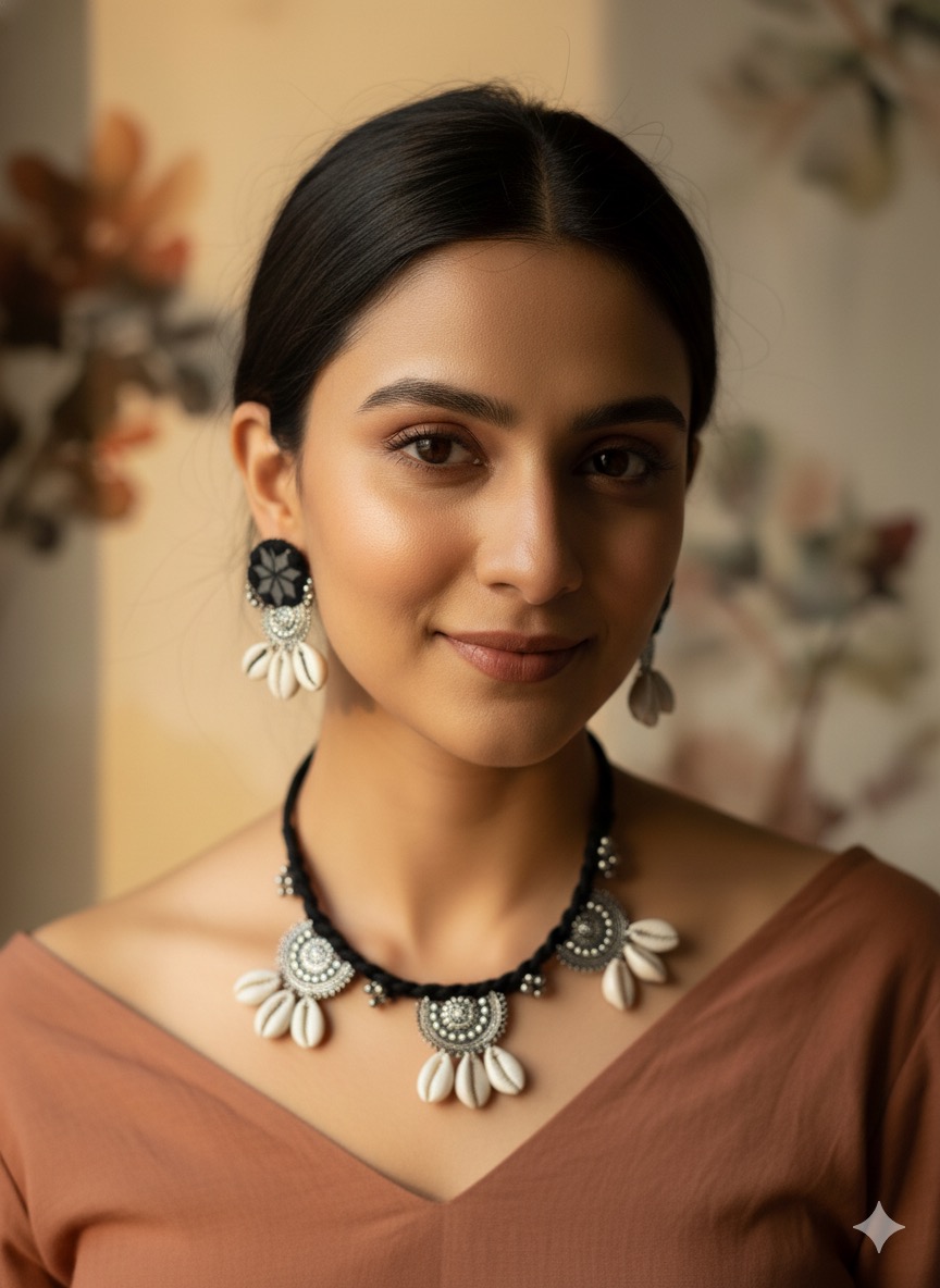 Boho Shell Necklace Set with Earrings, Black Thread, Oxidized Metal, Cowrie Shell Charms, Tribal Ethnic Style