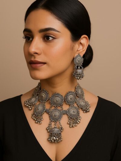 Vintage Oxidized Choker Necklace and Earring Set, Traditional Tribal Design with Dome Medallions, Hanging Bells