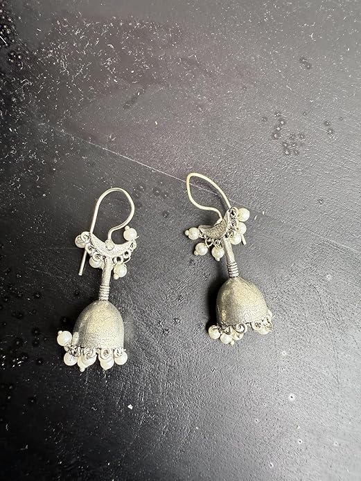 Antique Silver Jhumka Earrings with Pearl Beads, Traditional Indian Style, Crescent Moon Design, Handcrafted Ethnic Drop - Image 2