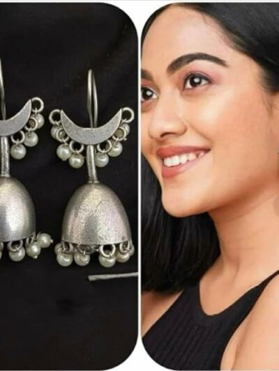 Antique Silver Jhumka Earrings with Pearl Beads, Traditional Indian Style, Crescent Moon Design, Handcrafted Ethnic Drop