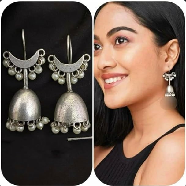 Antique Silver Jhumka Earrings with Pearl Beads, Traditional Indian Style, Crescent Moon Design, Handcrafted Ethnic Drop