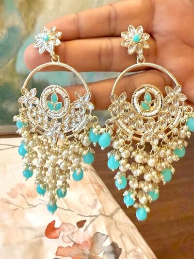 Elegant Turquoise and Pearl Chandelier Earrings, Gold-Plated Crystal Floral Design, Traditional Indian Wedding Jewelry