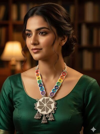 Rainbow Mirror Necklace with Crystal Accents, White Cord, Decorative Silver Frame