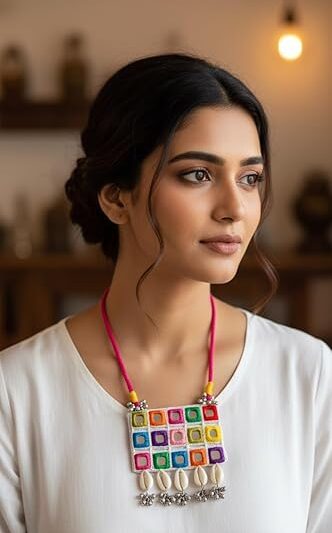 Handcrafted Multicolored Mirror Work Necklace with Shells, Traditional Square Pattern, Pink Cord