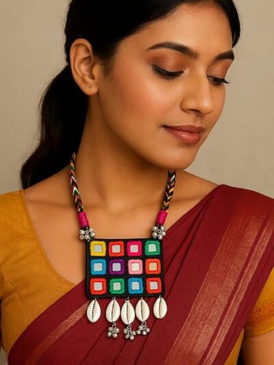 Handcrafted Multicolour Mirror Work Necklace with Cowrie Shells, Traditional Thread Design, Silver Bell Accents