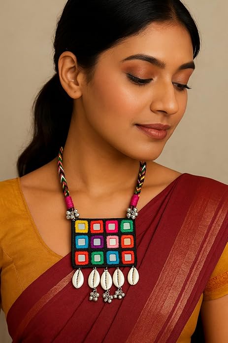 Handcrafted Multicolour Mirror Work Necklace with Cowrie Shells, Traditional Thread Design, Silver Bell Accents