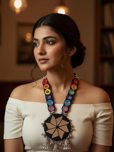 Handcrafted Rainbow Mirror Necklace Set with Silver Bells, Traditional Thread Jewelry Collection