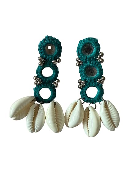 Handcrafted Boho Shell Earrings, Teal Crochet Circles with White Cowrie Shells, Silver Beaded Accents, Beach Style Statement Jewelry - Image 2