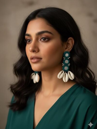 Handcrafted Boho Shell Earrings, Teal Crochet Circles with White Cowrie Shells, Silver Beaded Accents, Beach Style Statement Jewelry