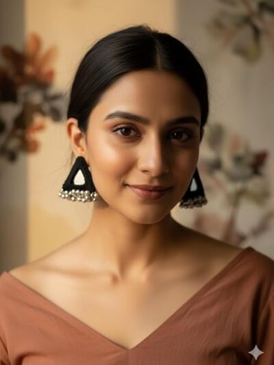 Handcrafted Black Triangle Earrings with Silver Ghungroo Bells, Traditional Indian Ethnic Fashion Jewelry, Lightweight Statement Danglers