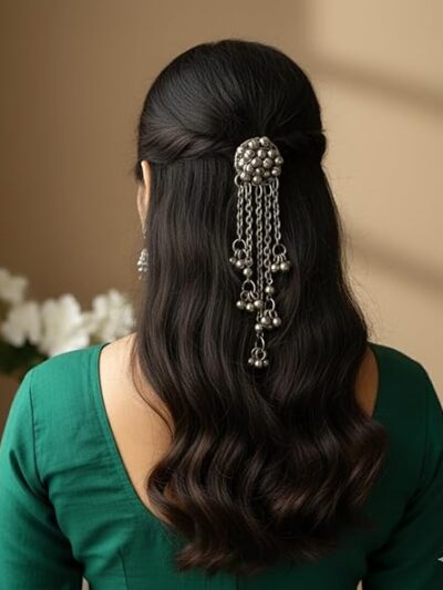 Vintage Style Hair Clip with Dangling Bells, Antique Silver Chain Design, Traditional Hair Accessory