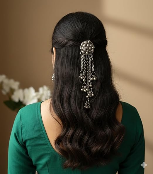 Vintage Style Hair Clip with Dangling Bells, Antique Silver Chain Design, Traditional Hair Accessory