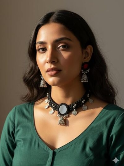 Traditional Black Thread Choker Necklace with Tribal Coins, Mirror Pendant and Oxidized Metal Earrings Set, Ethnic Design
