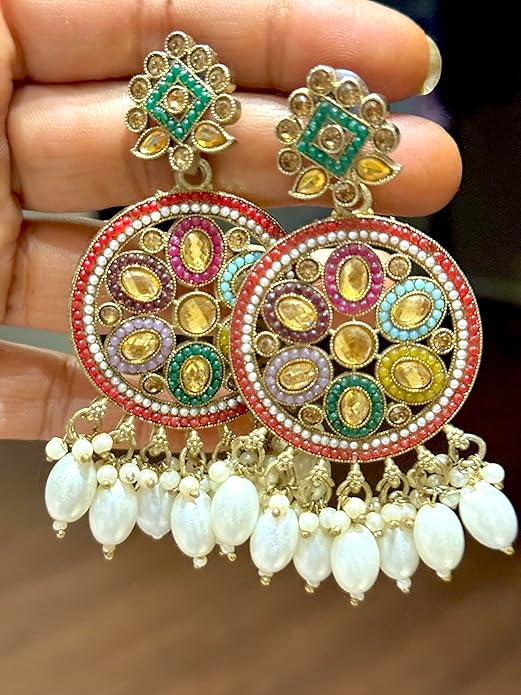 Traditional Indian Chandbaali Earrings, Gold-Plated with Silver Beads, Floral Kundan Design, Green Enamel and Ruby Accents - Image 2