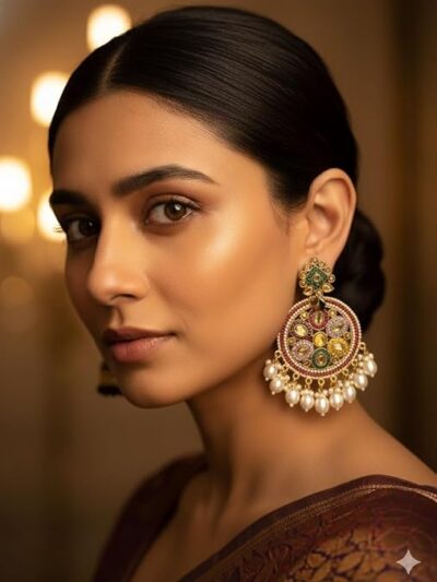 Traditional Indian Chandbali Earrings, Gold-Plated with Multicolor Stones, Pearl Drops, Antique Finish, Wedding Jewelry