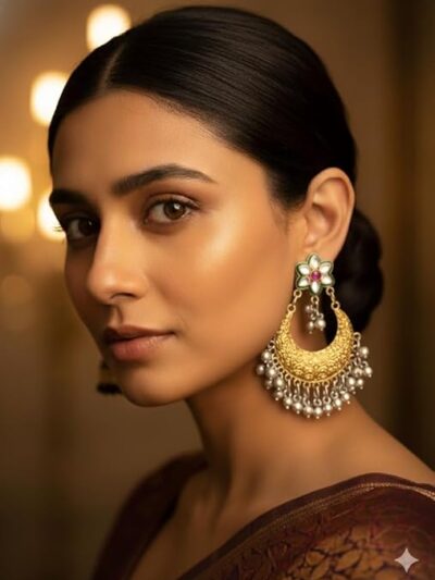 Traditional Indian Chandbaali Earrings, Gold-Plated with Silver Beads, Floral Kundan Design, Green Enamel and Ruby Accents