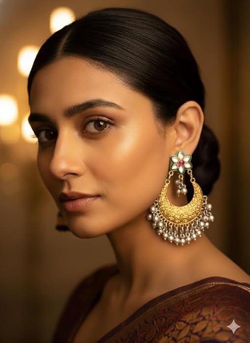 Traditional Indian Chandbaali Earrings, Gold-Plated with Silver Beads, Floral Kundan Design, Green Enamel and Ruby Accents