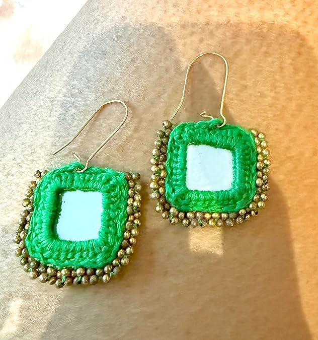 Handcrafted Square Mirror Earrings, Emerald Green Crochet with Antique Gold Beaded Border, Traditional Drop Style - Image 2