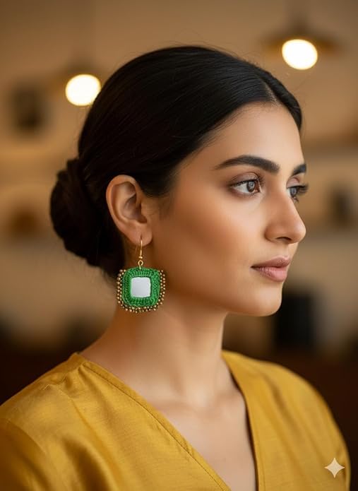 Handcrafted Square Mirror Earrings, Emerald Green Crochet with Antique Gold Beaded Border, Traditional Drop Style
